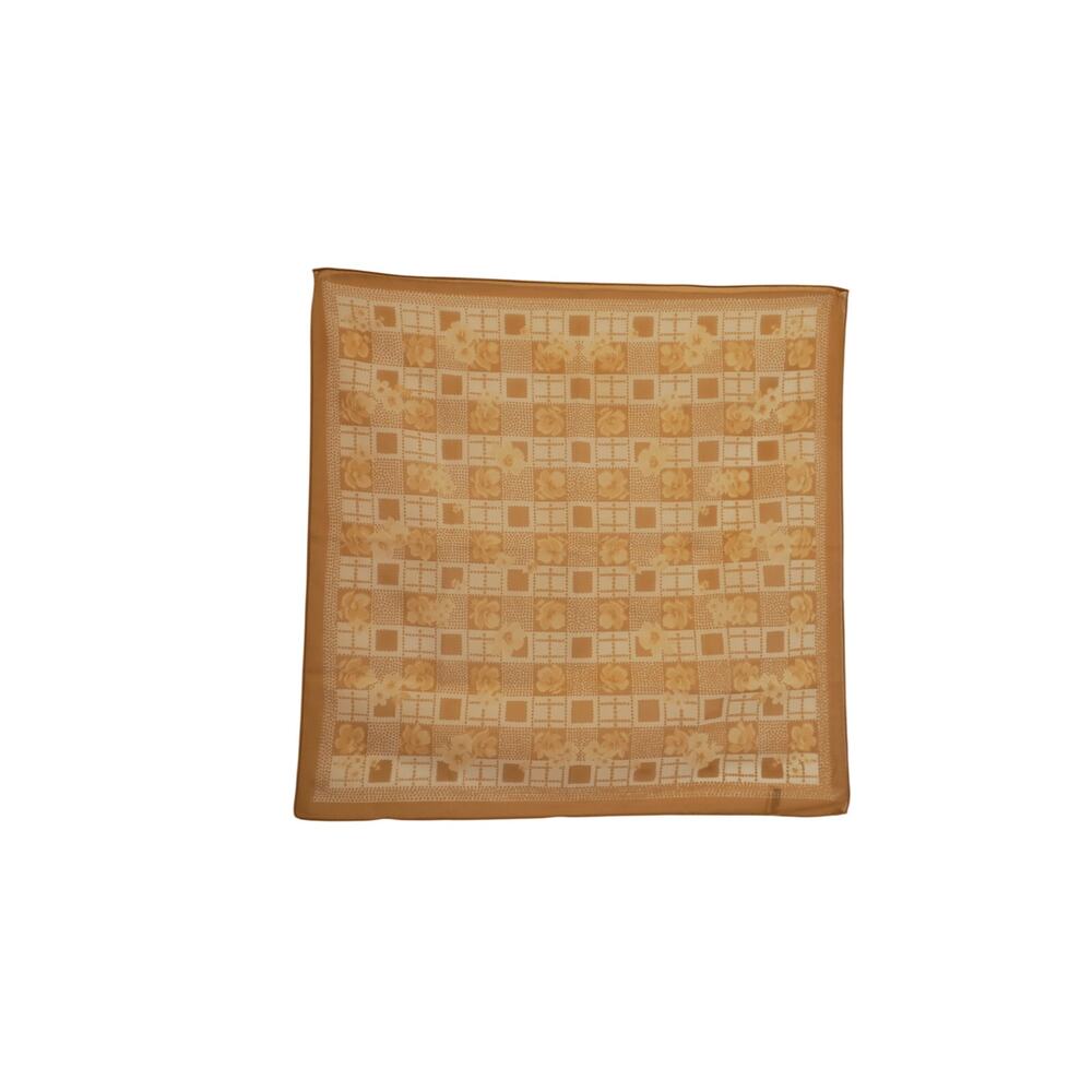 Vintage Sheer Silk Scarf Camel Beige Floral Grid Checkered Square Neckerchief